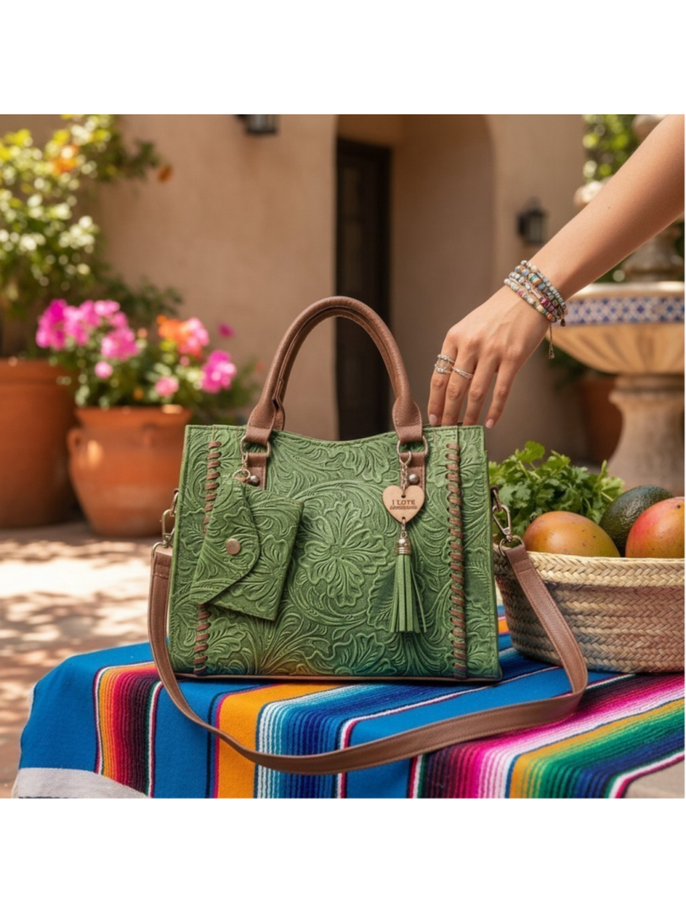 Green Brown FLORAL Cross Stitch Embossed Tooled Artisan LEATHER Purse Bag Bolsa
